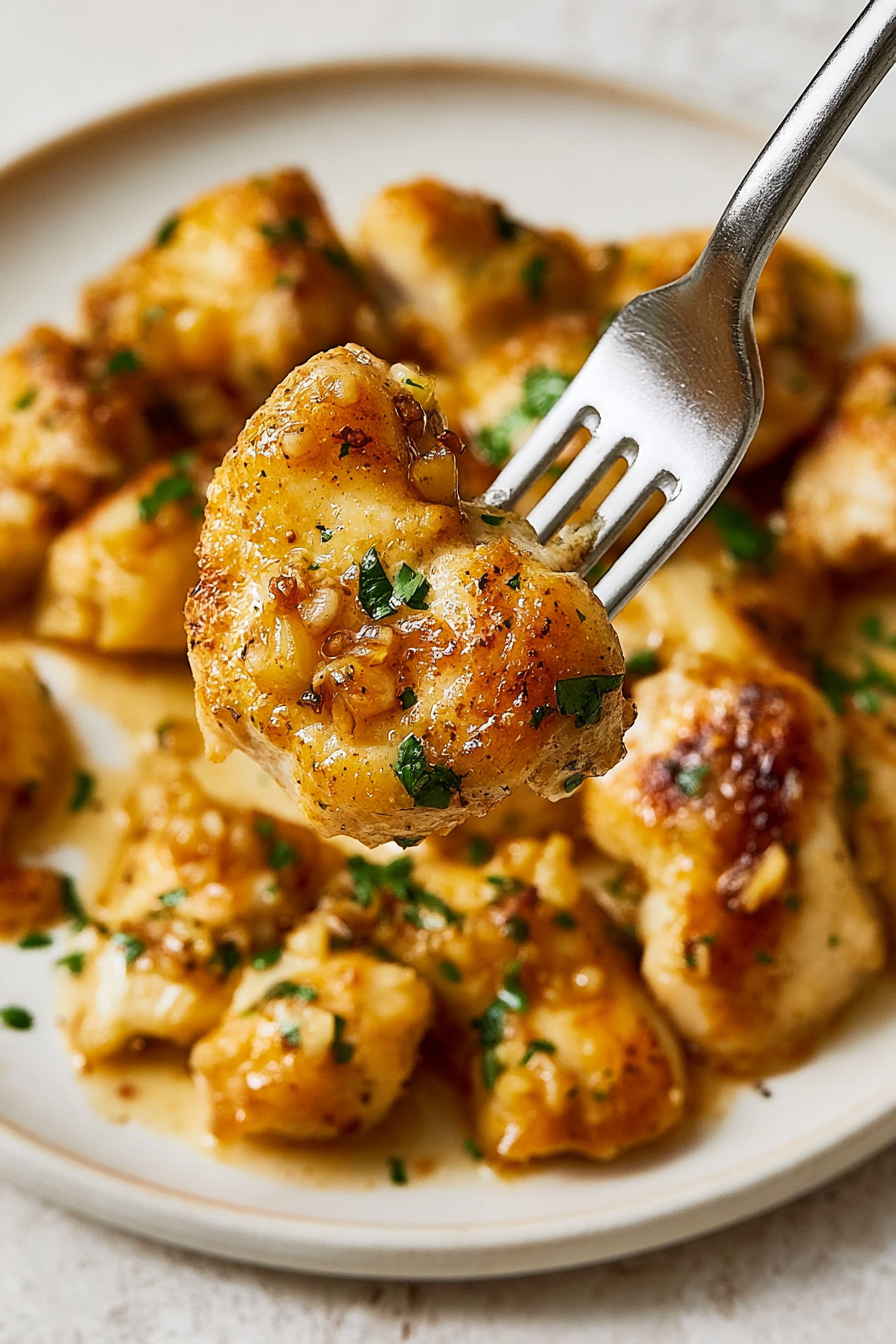 Golden garlic butter chicken bite on a fork above a plate of chicken with parsley.