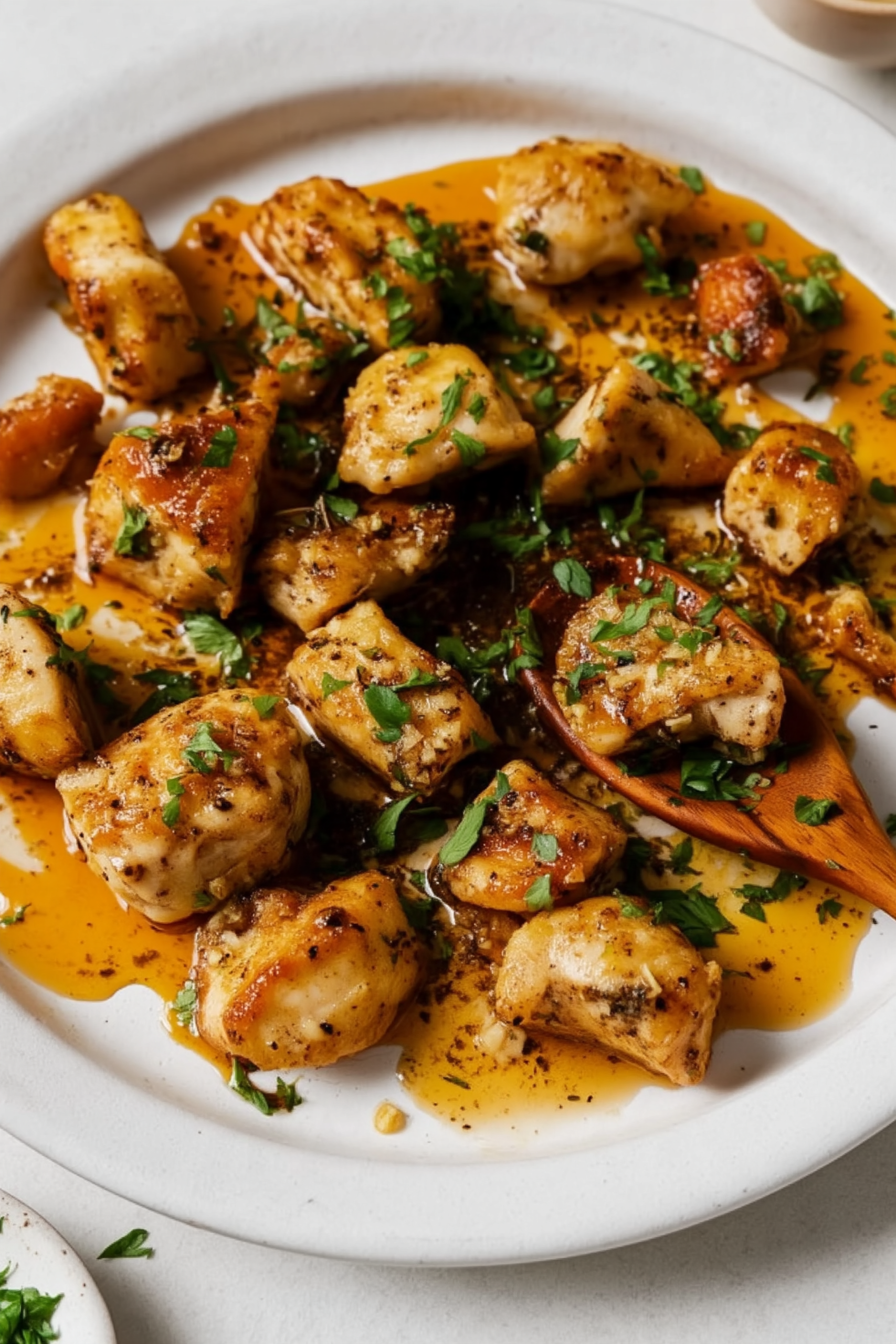 Garlic butter chicken bites with parsley and a wooden serving spoon on a white plate.